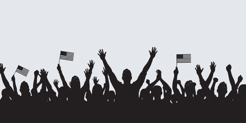 Silhouette of a cheering crowd with American flags raised in celebration against a light background.