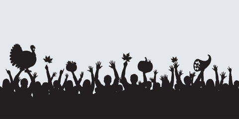 Silhouette of a crowd celebrating with Thanksgiving symbols like turkeys, pumpkins, and autumn leaves.