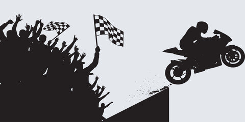 Motorcycle racer jumps off ramp with cheering crowd waving checkered flags. © Riki