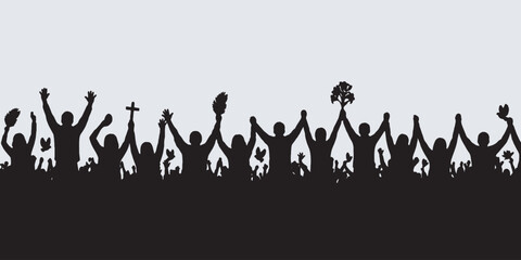 Naklejka premium Silhouette of a diverse crowd holding hands and raising their arms in celebration and unity.