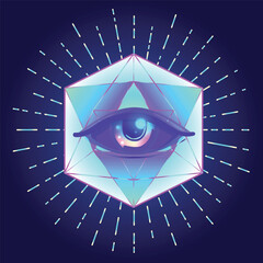 Rainbow gradient tattoo flash. Eye of Providence. Masonic symbol. All seeing eye with heart inside. Sacred geometry, religion, spirituality, occultism. Isolated vector illustration.