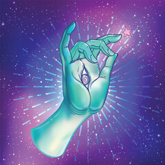 Lord Buddha hand with all-seeingl eye. Psychedelic colors. Hand drawn illustration. Invitation element. Astrology, alchemy, occult and magic symbol. Abstract cosmic background with stars..
