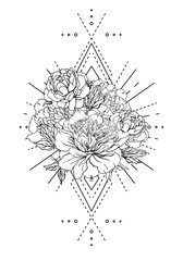 Vector illustration of a peony flower combined with sacred geometry elements. Black and white outline design in tattoo and coloring book style, perfect for prints, spiritual art, and mindful coloring.
