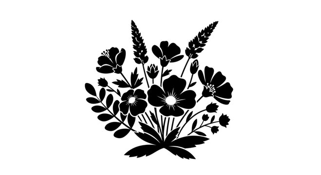 Black Silhouette of Wildflowers and Foliage.