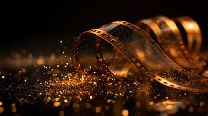 Obraz premium Golden Film Reel Unveiled - A Cinematic Journey of Light and Shadow, Capturing Moments in Time.