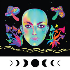 Vector illustration of a woman with mushrooms in a New Age psychedelic style. Concept of psilocybin, consciousness expansion, yoga, spirituality, and hippie culture with symbolic, colorful details.