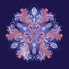 Sacred geometry symbol with all seeing eye in acid colors. Mystic, alchemy, occult concept. Design for indie music cover, t-shirt print, psychedelic poster, flyer. Astrology, esoteric, religion.