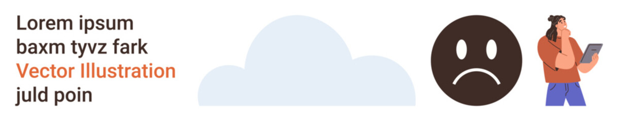 Fototapeta premium Digital communication, emotional connections, online learning, remote work, self-expression, and creativity. A cloud shape, sad face icon and person using a tablet. Communication and emotional