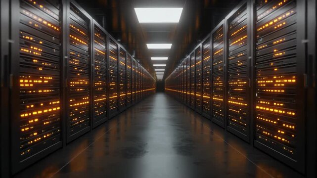 Futuristic Data Center Server Room Corridor with Glowing Orange Lights and Cloud Computing Infrastructure