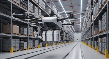 Obraz premium Delivery drone with a package suspended mid air inside a modern automated warehouse filled with shelves of boxes