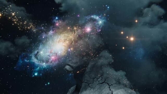 Cracked stone head with glowing fiery fractures explodes in space. Concept of destruction, mental breakdown, and cosmic energy in surreal futuristic art.