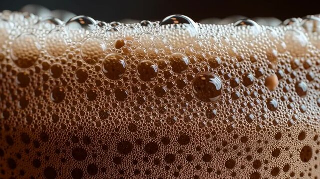 Close up of fresh beer foam with bubbles splashing on the surface, capturing cold refreshment, texture, and lively carbonation detail