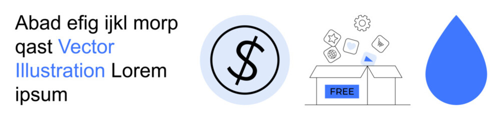 Finance, free content, e-commerce, resource sharing, minimalism, educational tools. A dollar sign, an open box marked free with floating icons and a water drop symbol. Finance and free content