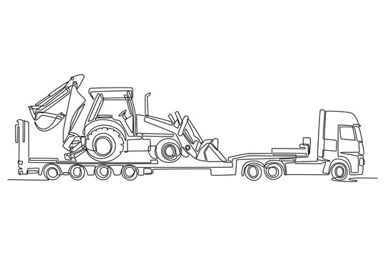 Single one line drawing heavy haulage truck carrying industrial excavator on a low loader trailer. Construction logistics and freight transport. Continuous line draw design graphic vector illustration
