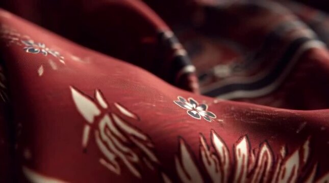 Luxurious close up shot captures the intricate detail of rich reddish brown traditional batik fabric featuring beautiful stylized floral and phoenix motifs draping softly.