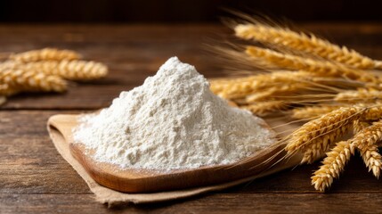 Fine Rye Flour Poured into Shallow Mound on Wooden Surface Surrounded by Wheat Grain Texture