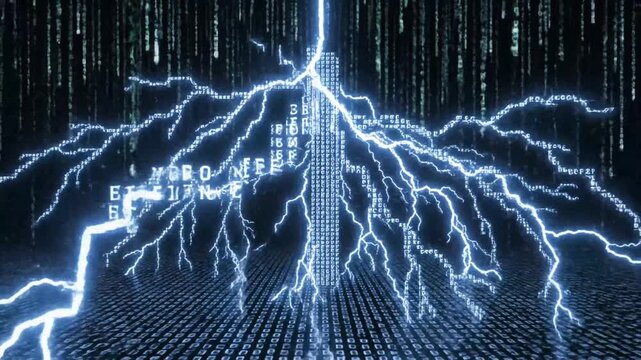 digital rain with lightning, binary code, technology background