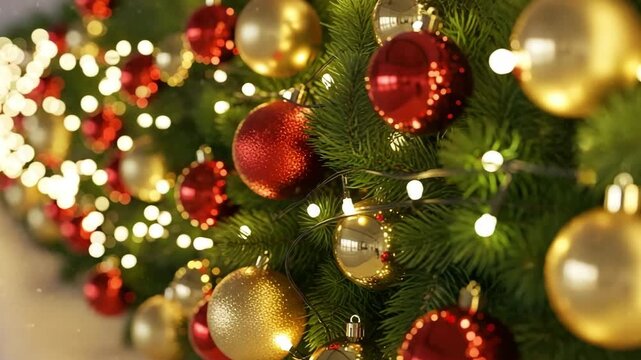 Close-up view of festive holiday pine tree branches beautifully adorned with sparkling red and shimmering gold spherical ornaments and warm glowing string lights.