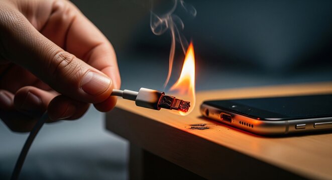 A hand holds a burning phone charger cable with smoke and flames near a smartphone on a wooden surface