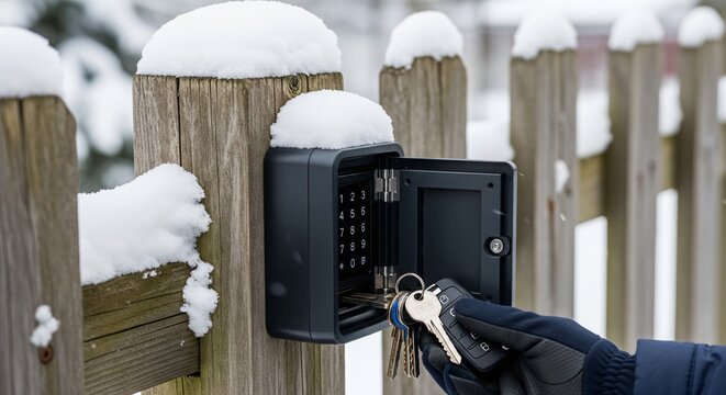 Hand holding keys near an open combination lockbox attached to a snow covered wooden fence post
