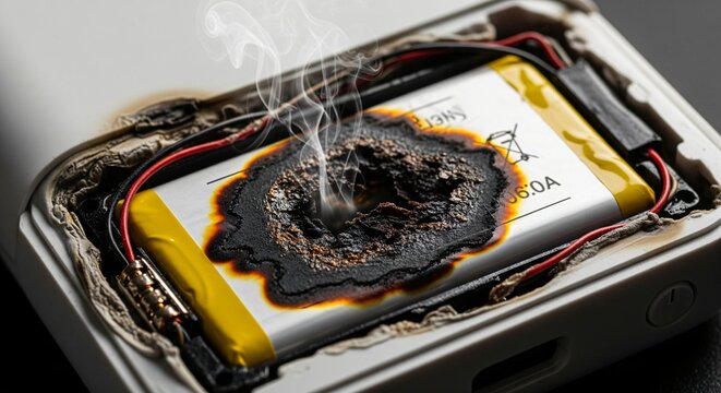Damaged lithium battery with smoke emitting from charred center showing melted plastic casing