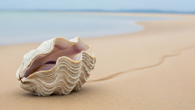 Majestic giant clam shell nestled on pristine beach, with tranquil ocean view