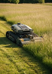 Fototapeta premium A tracked robotic mower cuts tall grass in a sunlit field with trees in the background