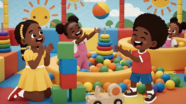 Happy African American kids playing in a vibrant soft play area