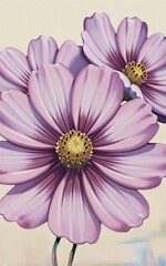 Obraz premium Delicate purple cosmos flowers bloom vividly against soft beige background, petals gentle and detailed.