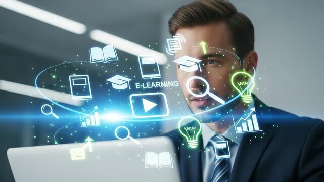 Focused businessman interacts with holographic digital icons representing e-learning concepts and continuous professional skill development growth opportunities.