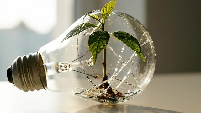 Nature contained in glass. A fragile young tree growing inside a broken lightbulb as daylight softly surrounds it