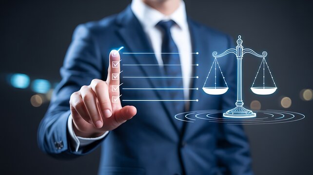 Title: Businessman using digital justice scale interface for legal technology and law management concept