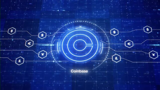 Digital currency symbols and Coinbase logo on a blue background