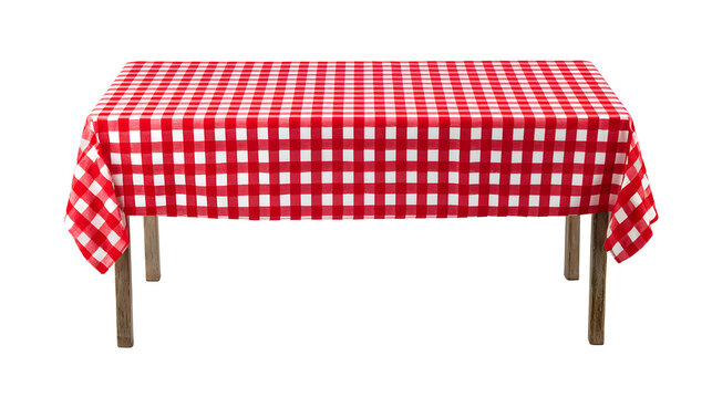 Empty table with red checkered tablecloth and white background. Table with red checkered cloth isolated on white.