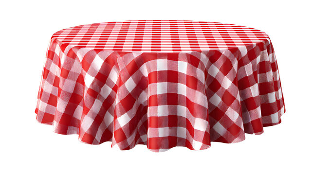 Empty table with red checkered tablecloth and white background. Table with red checkered cloth isolated on white.