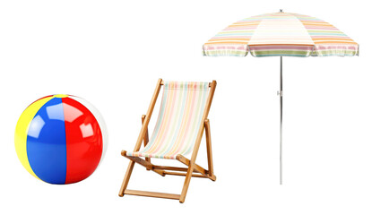 Beach chair with umbrella and colorful beach ball isolated on transparent background, summer vacation leisure png cutout for travel design, holiday ads and lifestyle graphics
