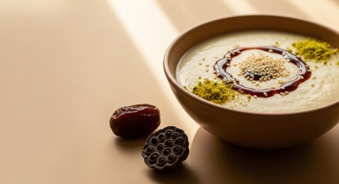 Traditional Asida Wheat Pudding with Date Syrup and Large Left Copy Space