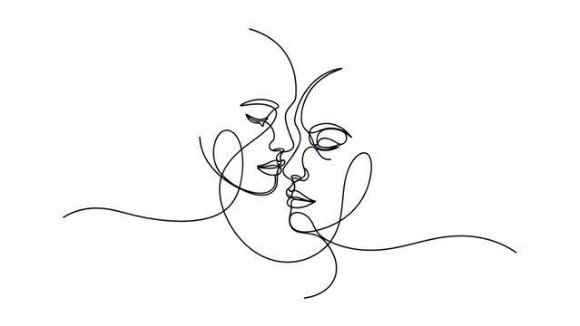 Continuous line art drawing of two faces in an intimate embrace.