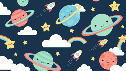 Cute Cartoon Planets and Rockets in Space Seamless Pattern. © art.Co