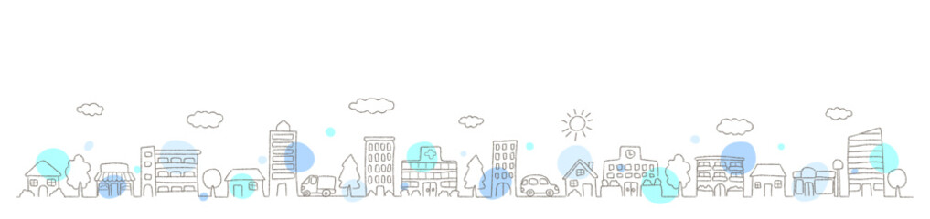 鉛筆風手描きタッチの街並み線画とブルー系水玉のおしゃれベクター背景