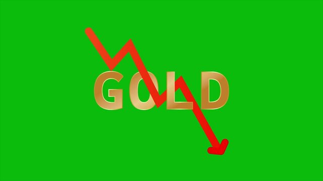 Gold Price Drop down with text  and Down Arrow animation on green screen, Animated gold price falling and crashing down, Red Arrow Falling Down, Financial Loss Concept