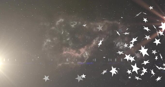 White star cutouts entering right, drifting inward, rotating to create dynamic motion over nebula