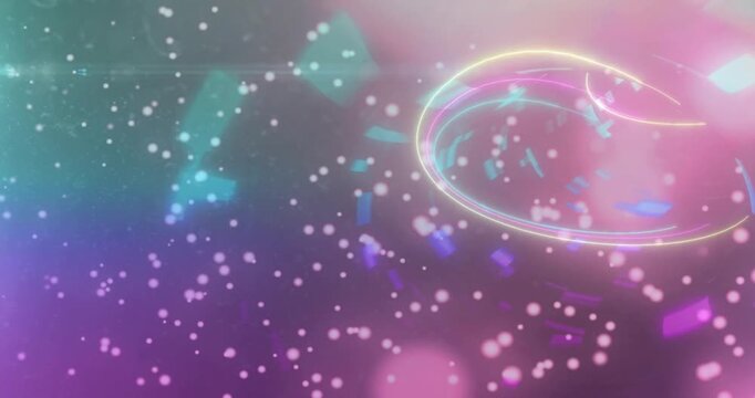 Neon burst starting spiral rotating and coiling into tunnel, particles drifting, suggesting motion