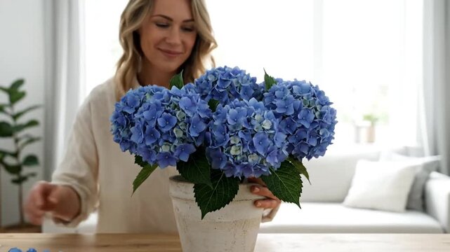 Woman Arranging Hydrangeas in Ceramic Pot Mid Shot