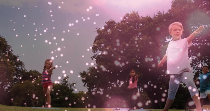 Left child stepping onto mat starting fitness routine, children aligning under pink speckle overlay
