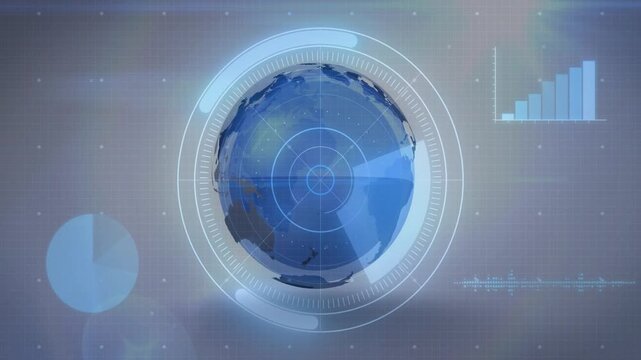 On startup central blue globe scaling, rotating while HUD rings and charts animating to show data