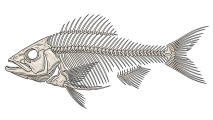 Fototapeta premium Detailed anatomical illustration of a fish skeleton showing its complete bone structure and fins.