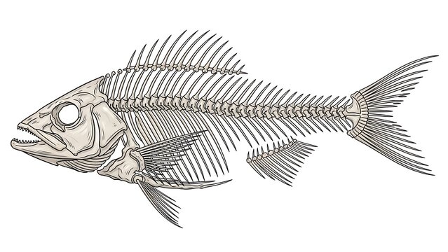 Detailed anatomical illustration of a fish skeleton showing its complete bone structure and fins.