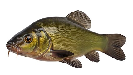 A detailed studio shot of a single freshwater tench fish, displaying its olive-green scales and distinctive barbels, isolated on a clean white background.