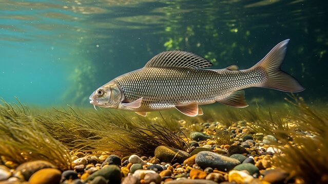 A grayling fish with a prominent dorsal fin swimming in a clear freshwater river over a rocky bed with aquatic plants.